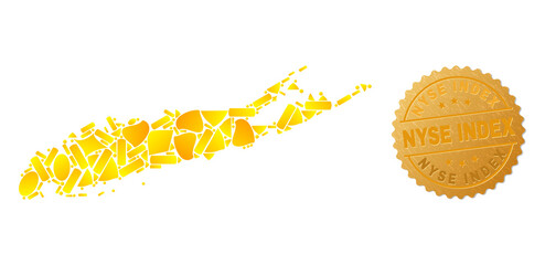 Golden collage of yellow items for Long Island map, and golden metallic Nyse Index seal imitation. Long Island map collage is constructed with random gold items.