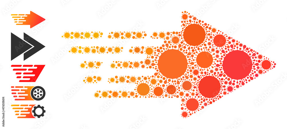 Poster rush arrow mosaic icon. vector mosaic is done from randomized virus cell items. virus cell mosaic ru