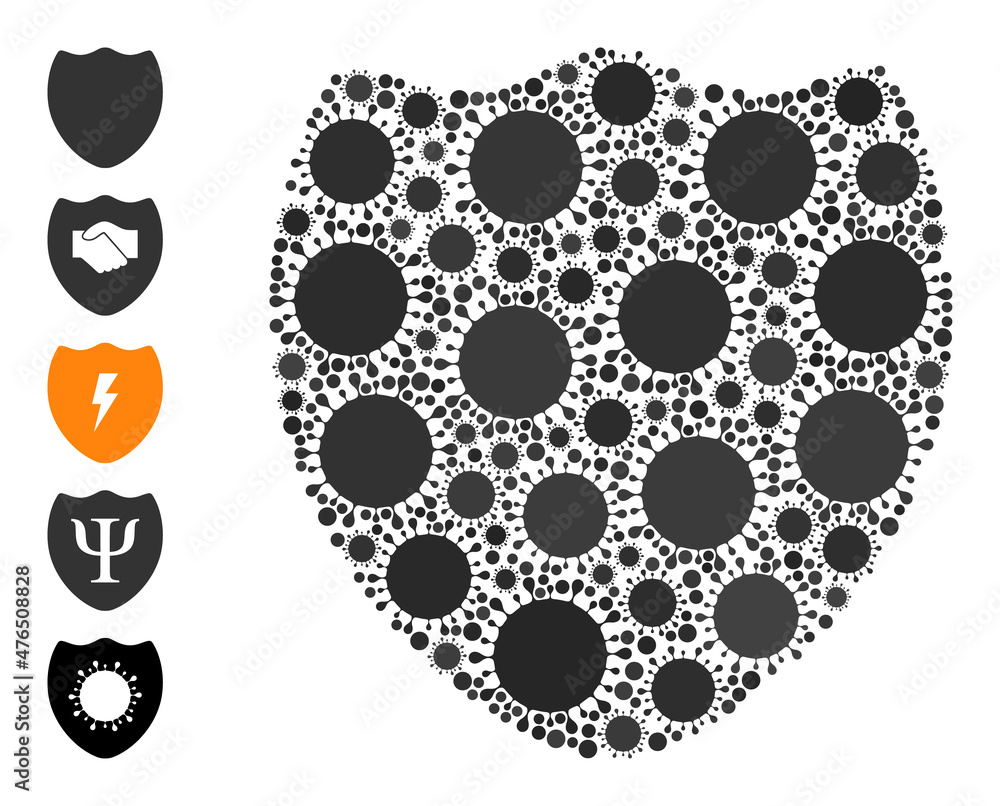 Poster shield mosaic icon. vector mosaic is created from scattered virus icons. virus cell mosaic shield ic