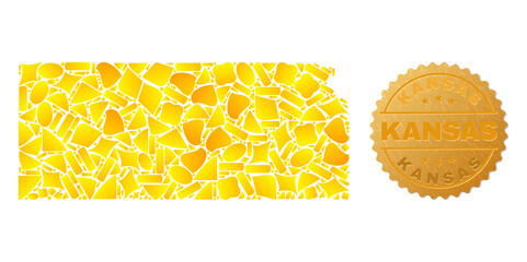 Golden composition of yellow items for Kansas State map, and golden metallic Kansas stamp seal. Kansas State map composition is done of randomized golden items.