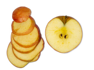A large red apple cut into wedges. Smoothly sliced ​​apple wedges