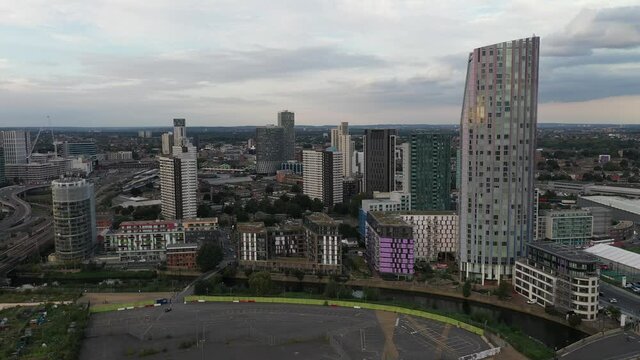 Apartment buildings in housing estate, multitrack railway line