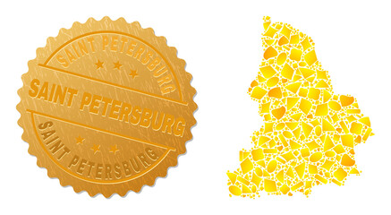 Golden mosaic of yellow fractions for Sverdlovsk Region map, and golden metallic Saint Petersburg seal. Sverdlovsk Region map mosaic is formed of scattered golden items.