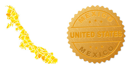 Golden collage of yellow spots for Veracruz State map, and golden metallic Mexico United States seal print. Veracruz State map collage is constructed from randomized golden parts.