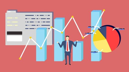 インターネットの情報、棒グラフ、円グラフ、チャートに囲まれて説明するビジネスマン（赤）　Red background of businessmen explaining internet information, bar charts, pie charts, charts