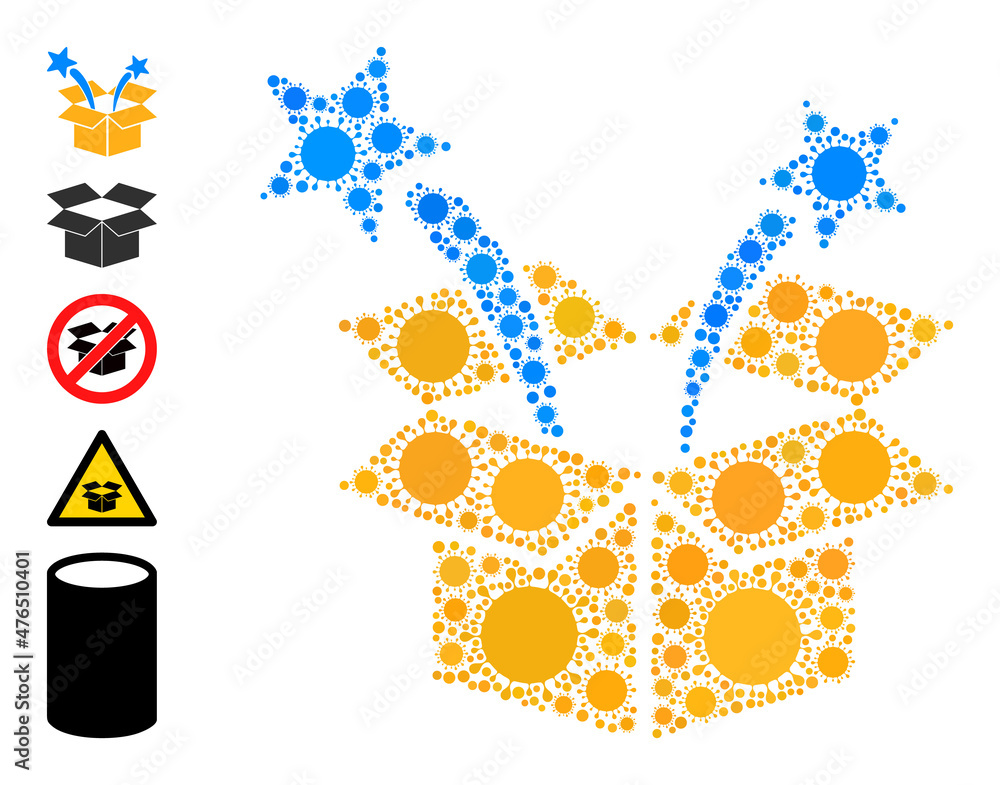 Poster surprize box mosaic icon. vector mosaic is composed of randomized viral icons. coronavirus mosaic su