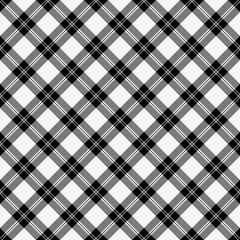 Diagonal tartan Christmas and new year plaid. Scottish pattern in white and black cage. Scottish cage. Traditional Scottish checkered background. Seamless fabric texture. Vector illustration