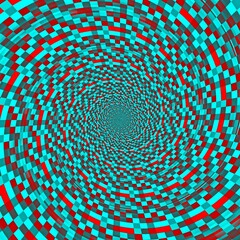 Abstract Red & Teal Blocked Fractal Vortex - muted & diluted, this spiral is a subtle example of depth perspective. If you look closely, you can see the spokes coming from the center.