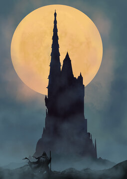 Silhouette of a castle with high spiers at night against the background of the moon, a traveler in a cloak and with a staff in his hand comes to it. digital art style, illustration painting