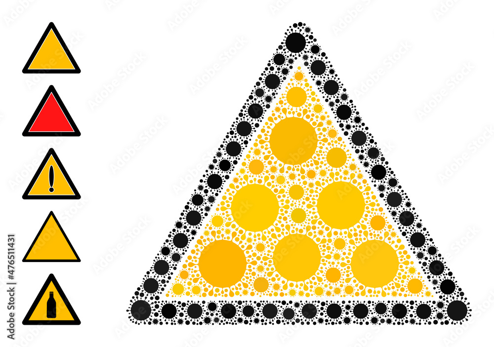 Poster warning triangle template mosaic icon. vector mosaic composed of randomized virus cell items. virus 