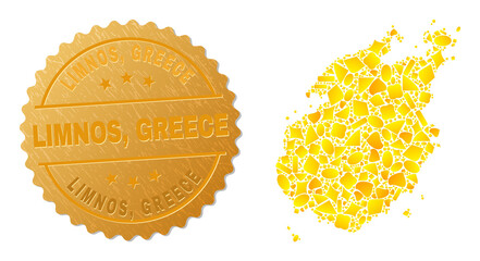 Golden mosaic of yellow parts for Paros Island map, and gold metallic Limnos, Greece stamp seal. Paros Island map mosaic is formed from random golden parts. Gold colored stamp has Limnos,