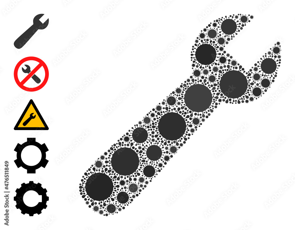 Poster wrench mosaic icon. vector mosaic is constructed of randomized virus icons. bacterium mosaic wrench 