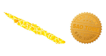 Golden mosaic of yellow for Sao Jorge Island map, and golden metallic Sao Tome badge. Sao Jorge Island map mosaic is created with scattered golden elements.