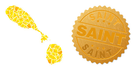 Golden collage of yellow parts for Saint Kitts and Nevis map, and golden metallic Saint stamp seal. Saint Kitts and Nevis map collage is formed of scattered golden items.