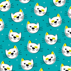 White stylized cat, squinted and smiles. Funny vector pattern on a blue background.