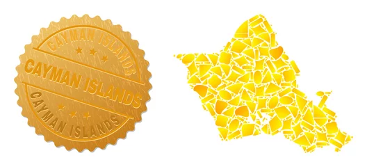 Fototapeten Golden collage of yellow items for Oahu Island map, and gold metallic Cayman Islands stamp. Oahu Island map collage is constructed of randomized gold items. © Evgeny