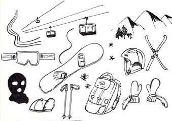ski snowboard doodle ,hand drawn illustration,art design