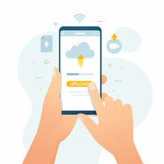 Hand holding smartphone with cloud and upload button vector illustration