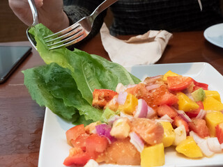 Leaf vegetable fruit lemon salad avocado tomato fish salmon steak thailand asian food healthy diet freshness nutrition spoon fork plate dish eat delicious gourmet breakfast restaurant shop