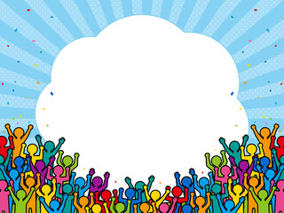 大勢の人々と紙吹雪（カラフル）　背景・フレーム素材