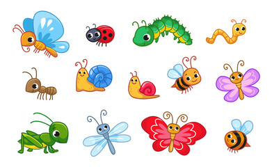 Obraz na płótnie Canvas Set of cute multicolored insects. Beetle, ladybug, butterfly, snail, grasshopper, worm, caterpillar, bumblebee, bee and other funny happy characters with outline. Colored flat vector illustration.