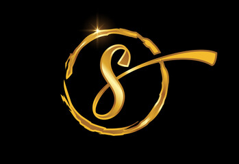 Golden color S hand-drawn letter in a brush circle on black background