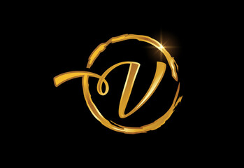 Obraz premium Golden color V hand-drawn letter in a brush circle on black background