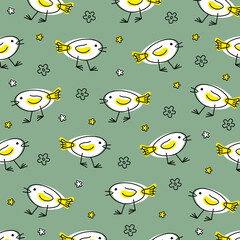 White bird, funny stylized character surrounded by flowers on a green background. Flat vector pattern.