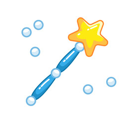 Magic wand of a fairy or a witch with pearl decor and a gold star. The staff of the little mermaid or sea king. Vector illustration in cartoon childish girly style. Isolated cute fantasy clipart.