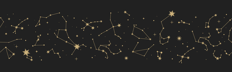Magic seamless vector border with constellations and stars. Gold decorative ornament. Graphic pattern for astrology, esoteric, tarot, mystic and magic. Luxury elegant design. - obrazy, fototapety, plakaty