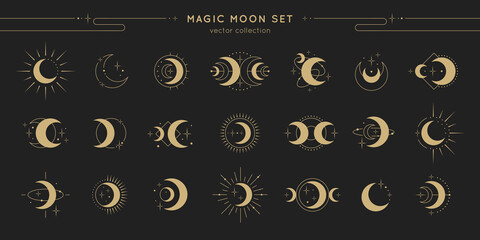 Magic moon set. Vector lunar collection with moons, stars, sunbursts. Graphic elements for astrology, esoteric, tarot, mystic and magic prints, posters, banners, pattern or backgrounds.