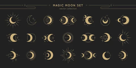 Fotobehang Magic moon set. Vector lunar collection with moons, stars, sunbursts. Graphic elements for astrology, esoteric, tarot, mystic and magic prints, posters, banners, pattern or backgrounds. © Valedi 