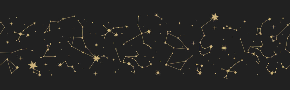 Magic seamless vector border with constellations and stars. Gold decorative ornament. Graphic pattern for astrology, esoteric, tarot, mystic and magic. Luxury elegant design.