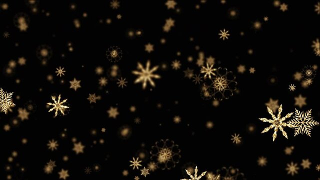 4K looping falling down beautiful glow gold snowflake on black background animation. gold snowflakes animation with blurred bokeh for winter snow, Christmas and New year background. Snow Snowfall Snow