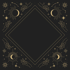 Magic vector frame with sun, hands, moon, stars and constellations. Gold elegant ornament. Mystic frame for tarot, esoteric, astrology design. Template for poster and prints.