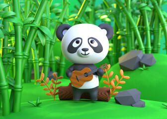 3D Rendering of a panda playing guitar while sitting on a tree trunk in the middle of a bamboo forest illustration © AGUNG