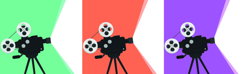 Detailed retro movie projector with reels. Cinema background. Vector