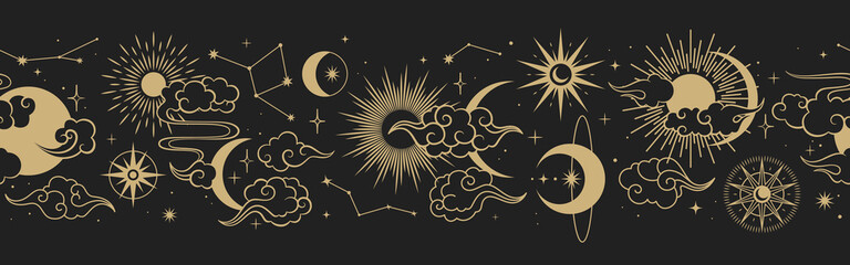 Magic seamless vector border with moons, clouds, stars and suns. Chinese gold decorative ornament. Graphic pattern for astrology, esoteric, tarot, mystic and magic. - obrazy, fototapety, plakaty