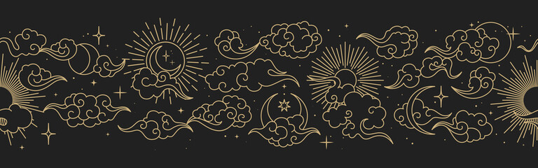 Magic seamless vector border with moons, clouds, stars and suns. Chinese gold decorative ornament. Graphic pattern for astrology, esoteric, tarot, mystic and magic.