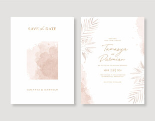 Beautiful wedding invitation template with watercolor leaves and splash