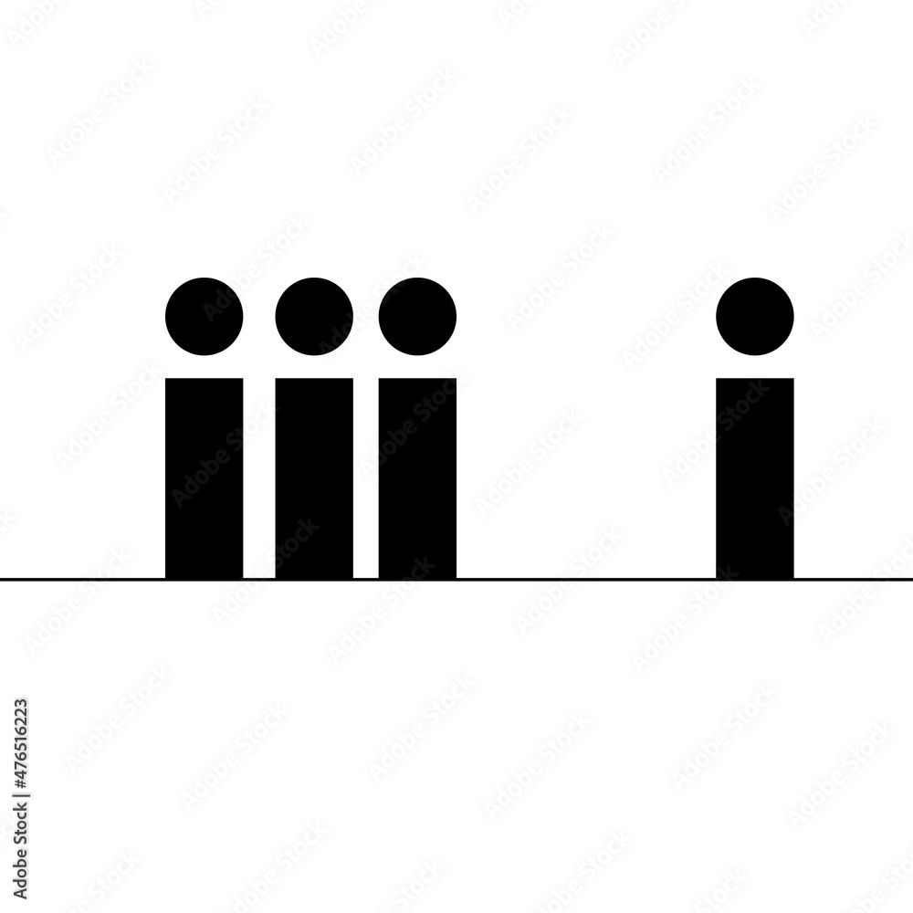 Poster schematic man silhouette. rectangular figures. group and alone. communication concept. vector illust