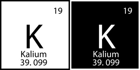 Kalium icon. Chemical sign. Mendeleev table element. Flat art. White and black squares. Vector illustration. Stock image.