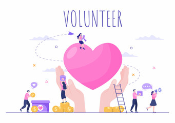 Love Charity or Giving Donation via Volunteer Team Worked Together to Help and Collect Donations for Poster or Banner in Flat Design Illustration