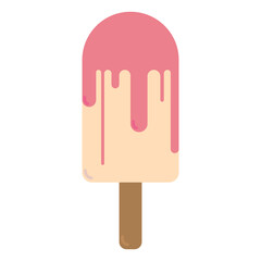 Ice cream on stick. Pink glaze. Summer symbol. Dessert logo. Tasty frozen meal. Vector illustration. Stock image.