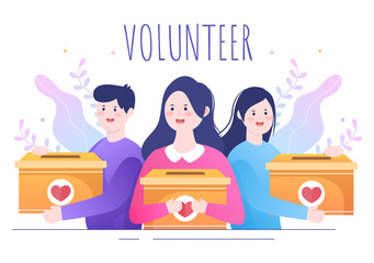 Love Charity or Giving Donation via Volunteer Team Worked Together to Help and Collect Donations for Poster or Banner in Flat Design Illustration