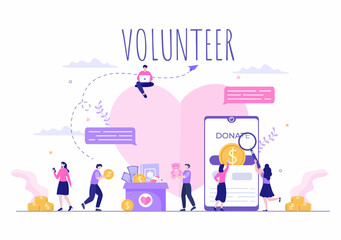 Love Charity or Online Giving Donation via Volunteer Team Worked Together to Help and Collect Donations for Poster or Banner in Flat Design Illustration