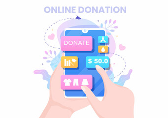 Love Charity or Online Giving Donation via Volunteer Team Worked Together to Help and Collect Donations for Poster or Banner in Flat Design Illustration