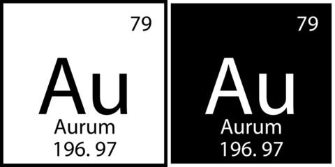 Aurum icon. Gold chemical sign. Mendeleev table element. White and black squares. Vector illustration. Stock image. 