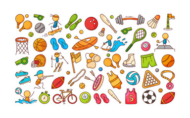 Sport Doodle Element, Sport Pattern Doodle, Hand Draw Doodle Sport, Sport Icon Set full color Filled Outline