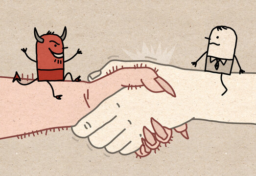 Cartoon Businessman and Devil, sitting on a big Handshake